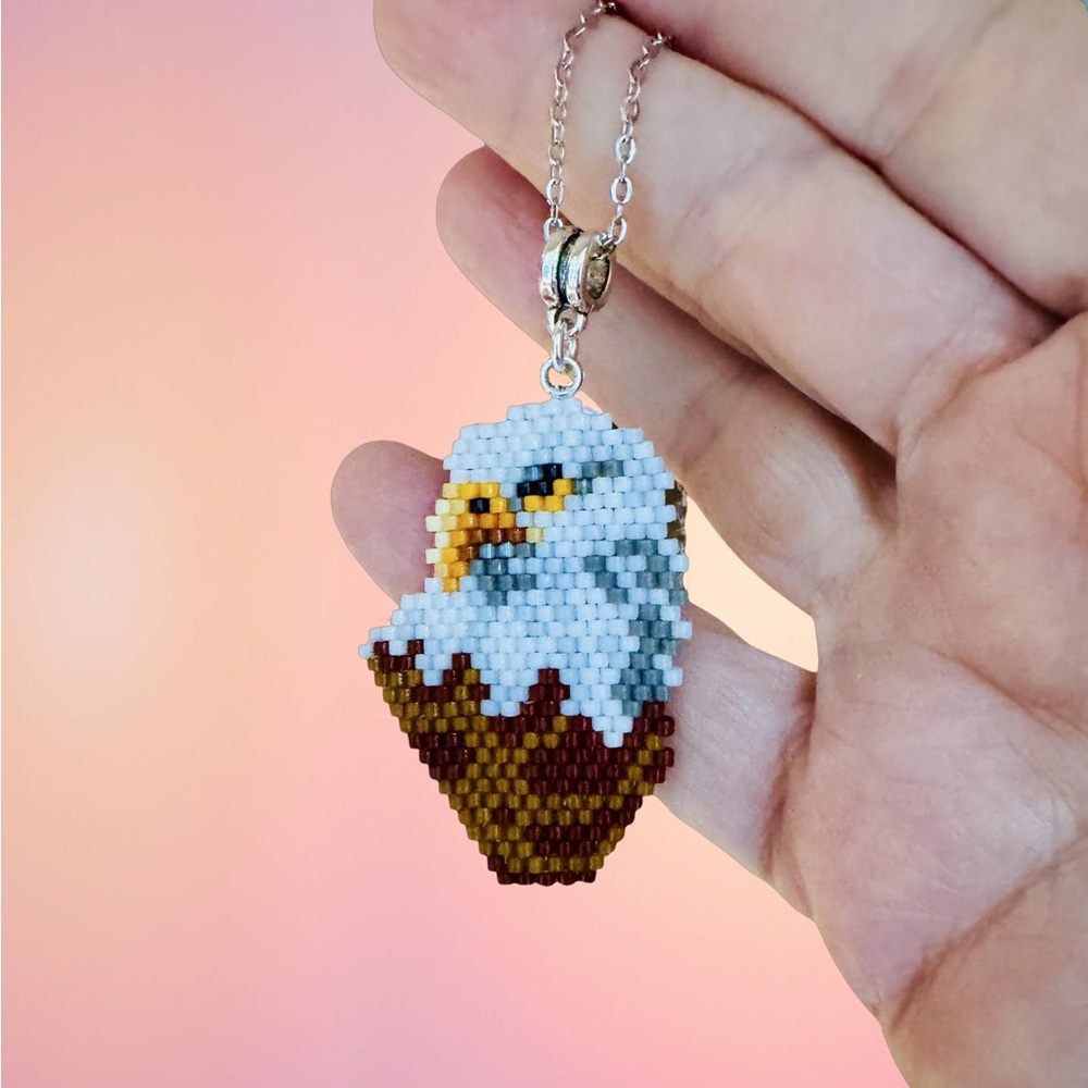 Hand Crafted Eagle Pendant Necklace with White and Orange Beads